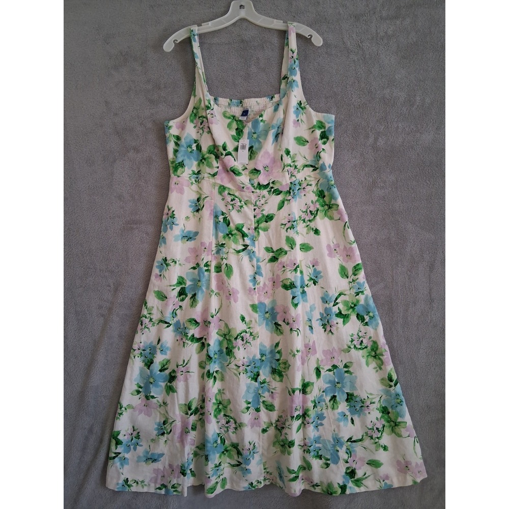 Old Navy Midi Dress XL White Floral Linen Blend Smocked Cottagecore Eiro Summer